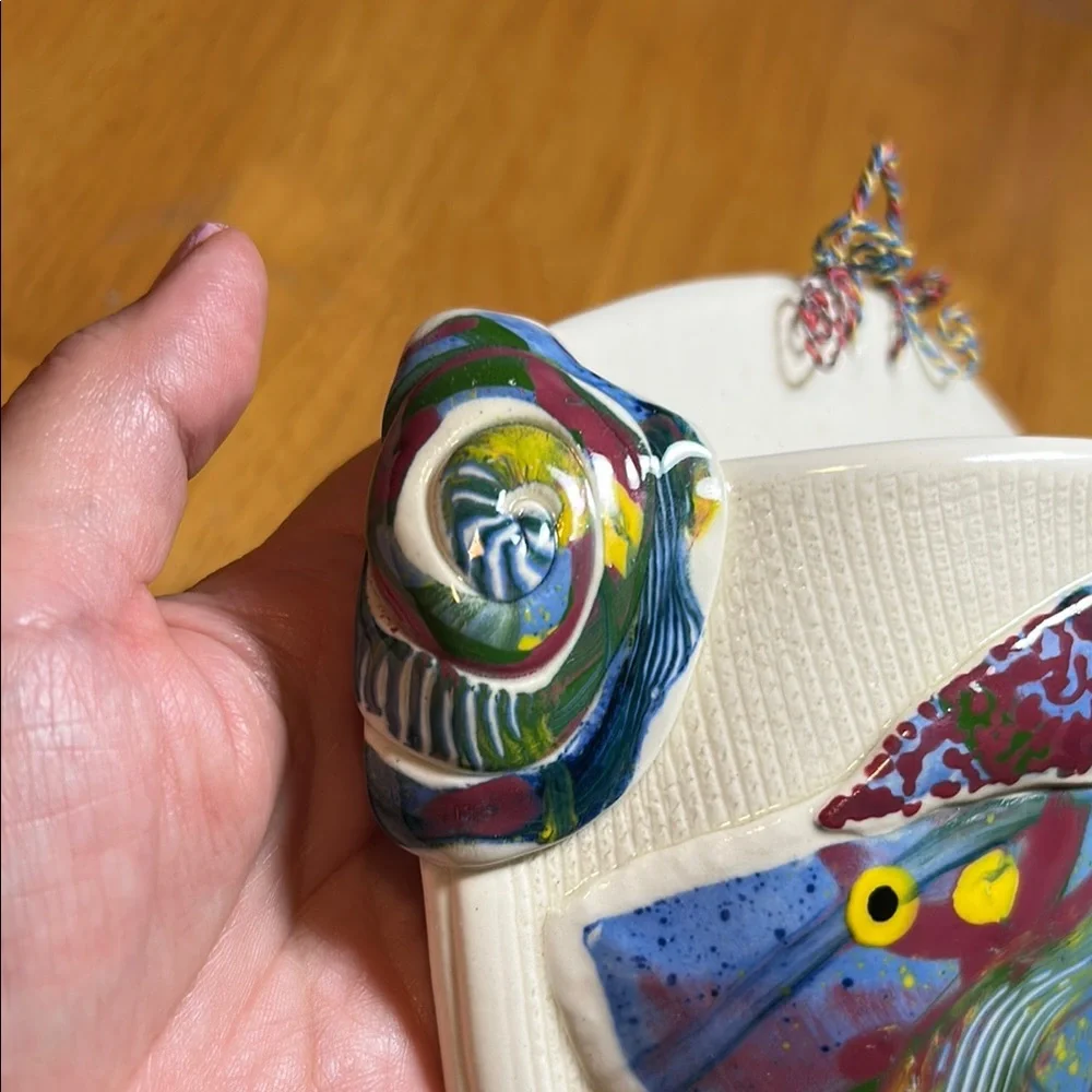 Artist Lucinda signed pottery fish Wall pocket Colorful Decor